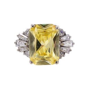 Large rectangle yellow cubic zirconia stone ring, baguette stones on sides Sz 8